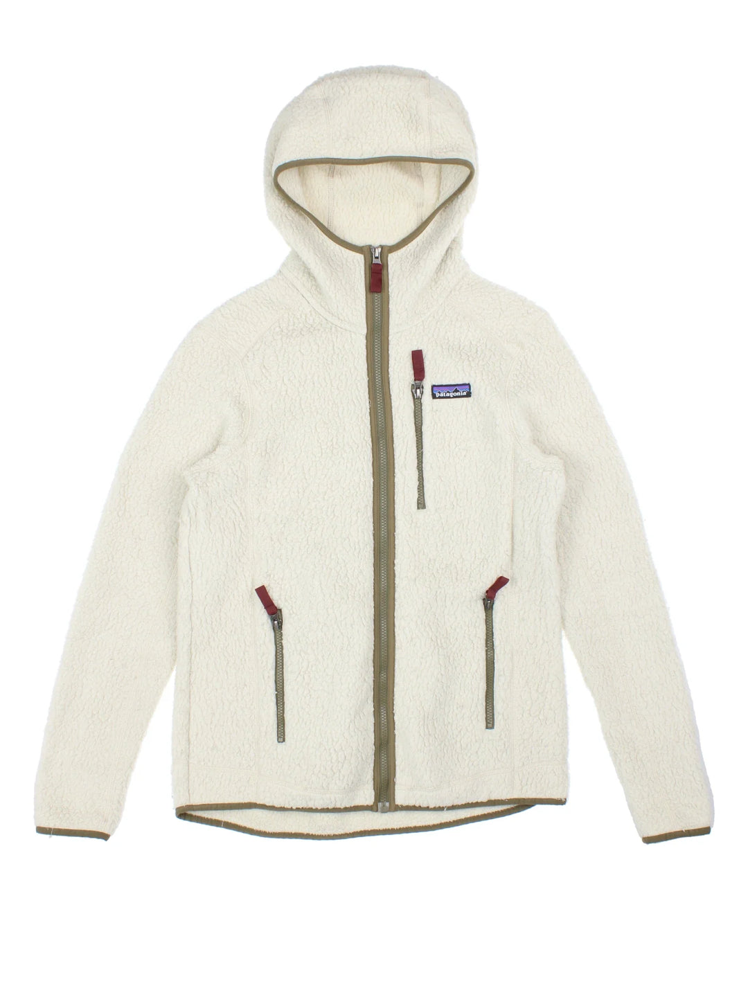 Patagonia Retro Piled Hooded Fleece in a tan colourway. Zips up and has multiple pockets, hooded, and the logo embroidered on the front.