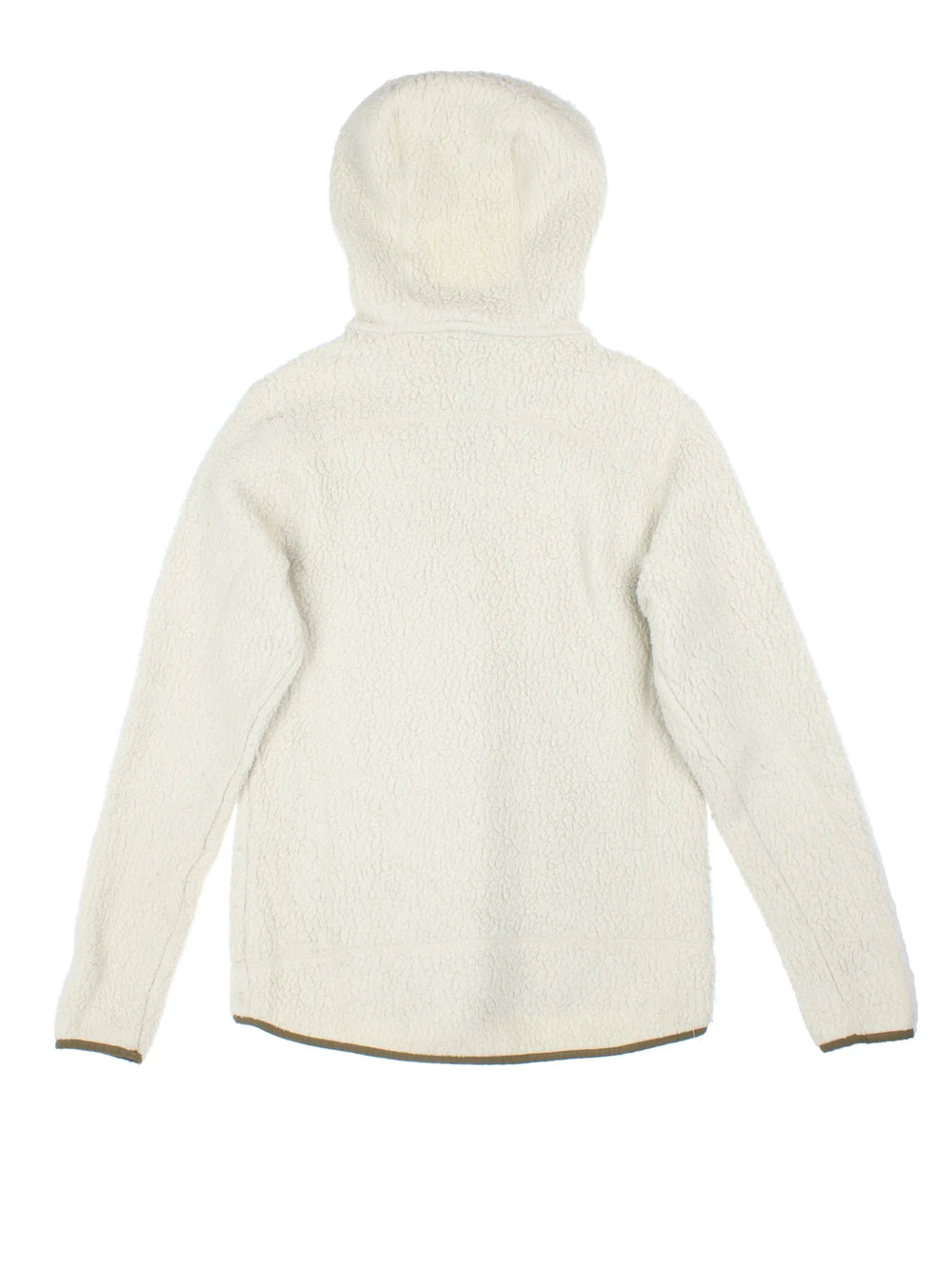 Patagonia Retro Piled Hooded Fleece in a tan colourway. Zips up and has multiple pockets, hooded, and the logo embroidered on the front.