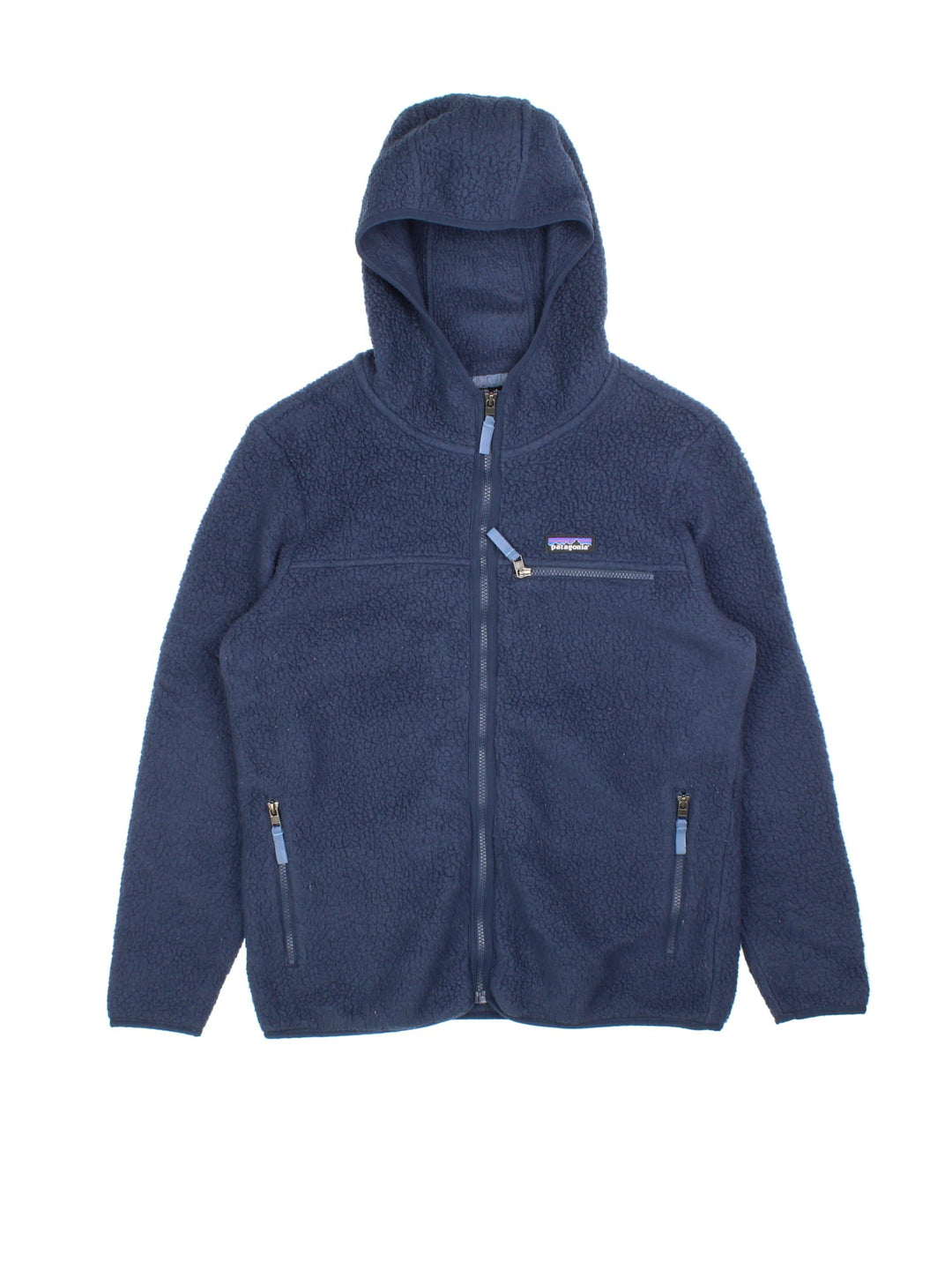 Patagonia Retro Pile Fleece in a blue colourway. Full Zip with multiple pockets on the front. Classic small logo on the chest and a hood.