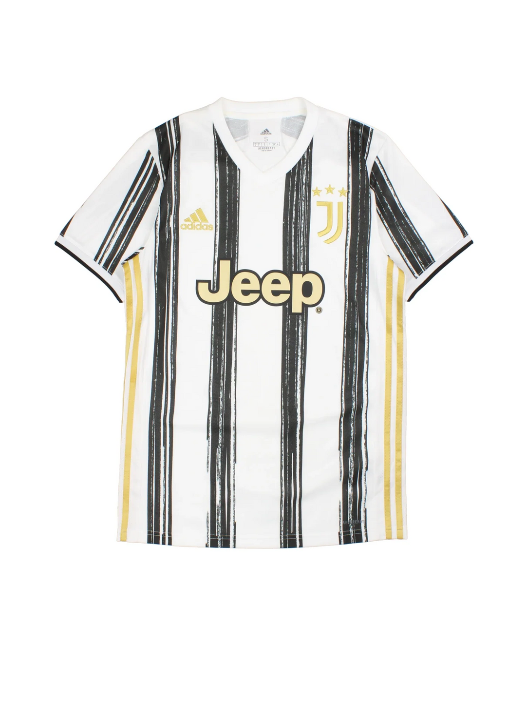 Juventus 2020/21 Adidas Football Shirt in the white and black home kit colourway, features printed logos and badge on the front with the classic adidas gold 3 stripe along the side.