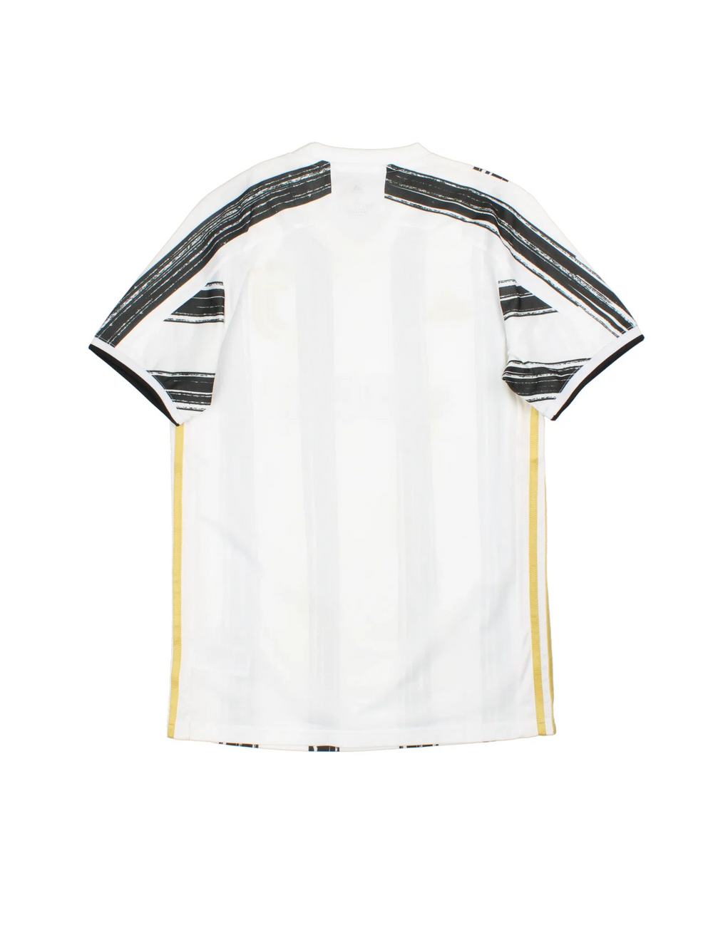 Juventus 2020/21 Adidas Football Shirt in the white and black home kit colourway, features printed logos and badge on the front with the classic adidas gold 3 stripe along the side.