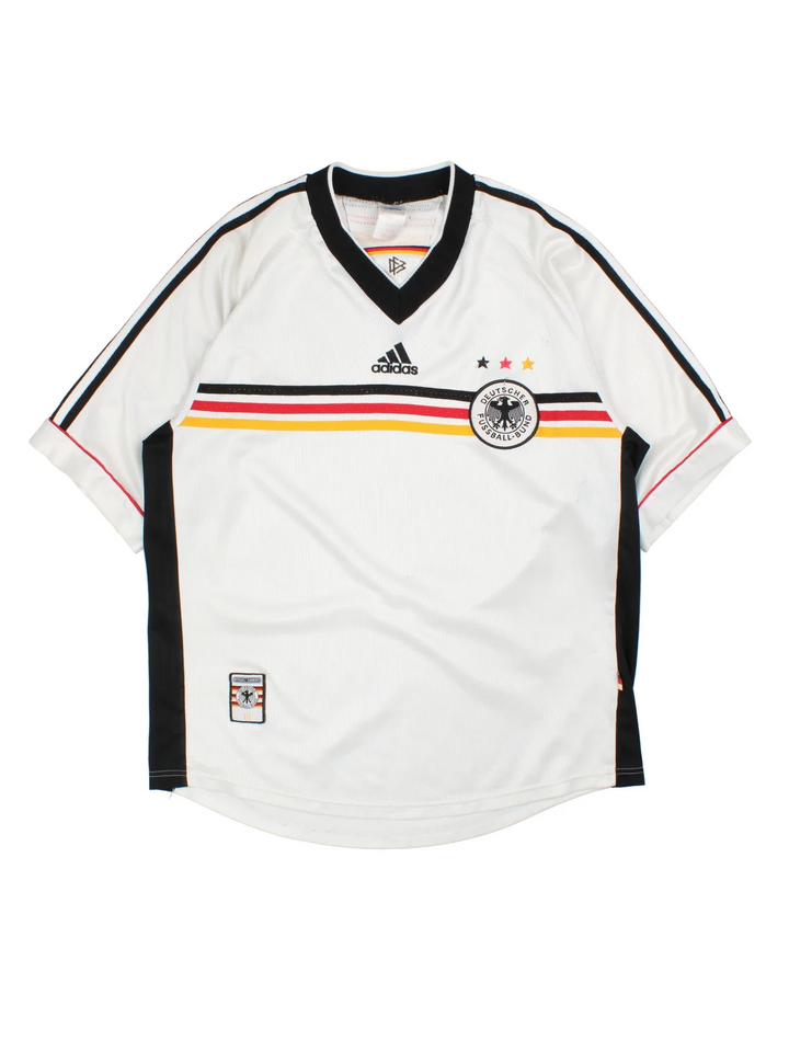 Germany 1998/00 Adidas Football Shirt in the white home kit colourway, features logos and badge on the front with the classic adidas 3 stripe across the middle.