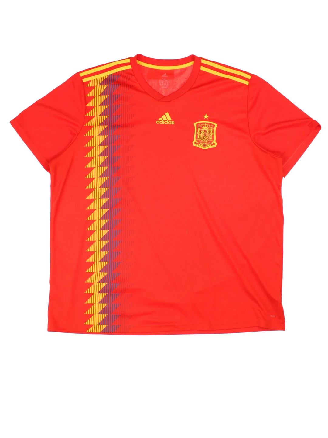 Spain 2018/19 Adidas Football Shirt in the red home kit colourway, features embroidered logos and badge on the front and zig zag patterning.