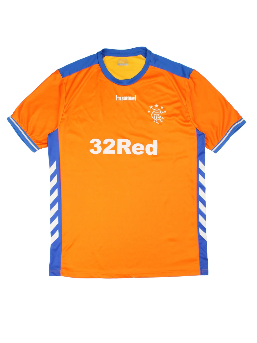 2019/20 Rangers Vintage Football Shirt in the orange home kit colourway, features embroidered logos and badge on the front, brand detailing under arms and large sponsor on the front.