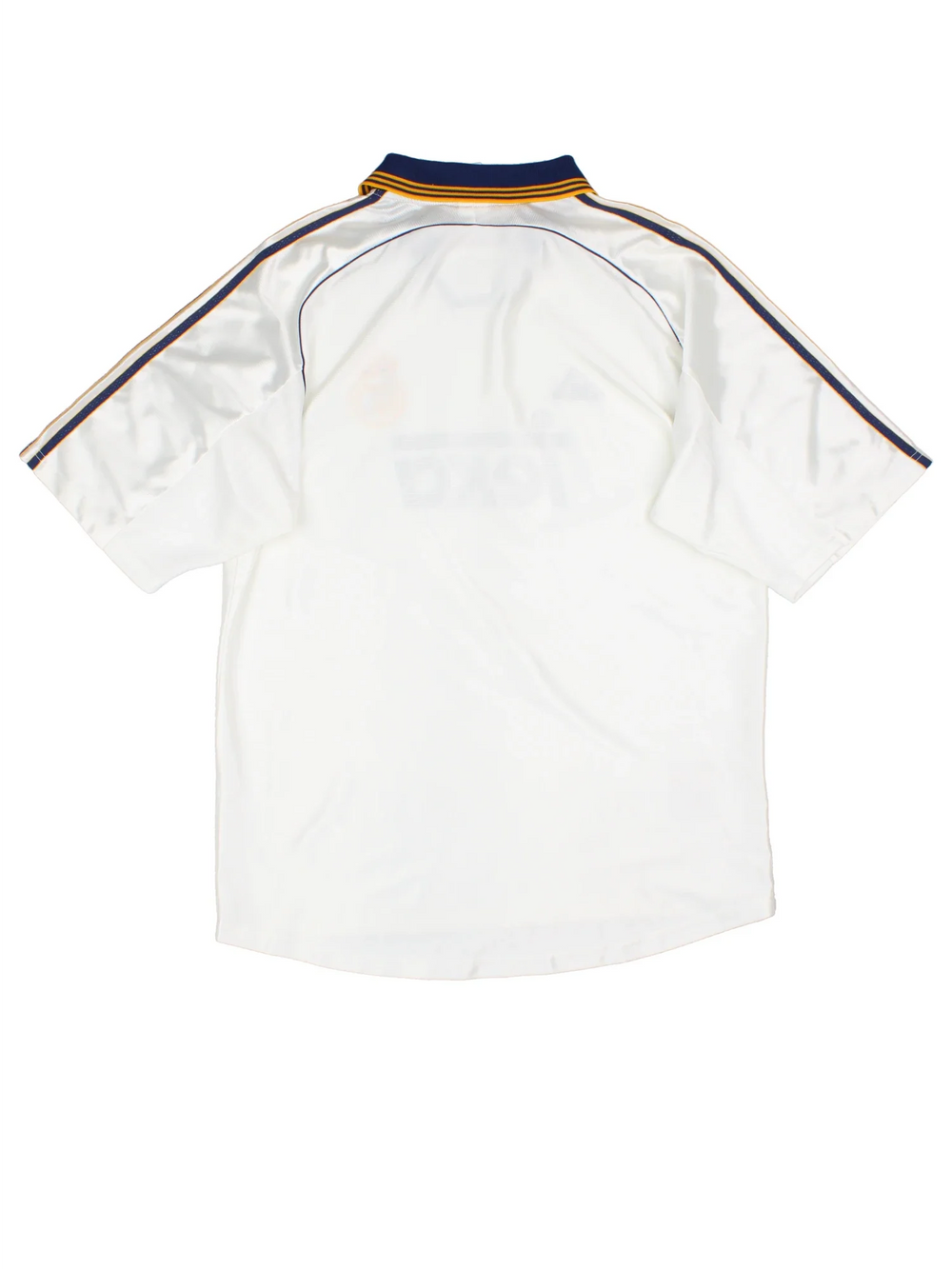 1998/00 Real Madrid Adidas Football Shirt in a white colourway with the classic adidas 3 stripe along the sleeve and gold detailing. Logo and badge on the front with vintage sponsor.