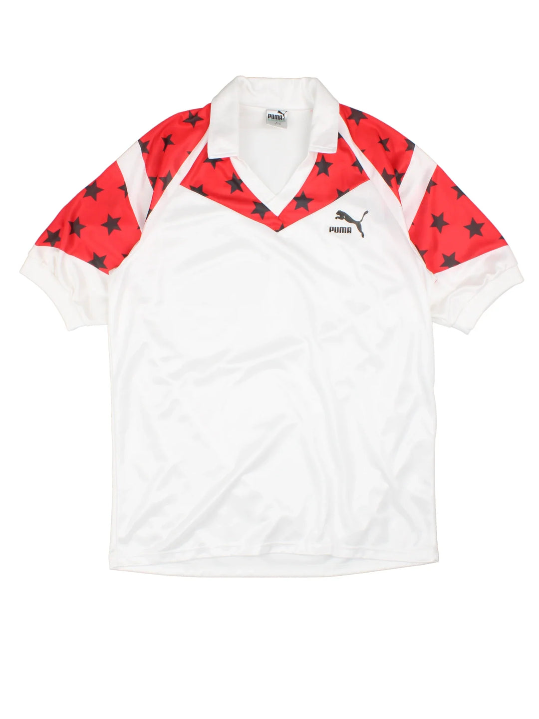 Vintage Puma Football Shirt in a white colourway with red star detailing over shoulders, collar and small logo on the front.