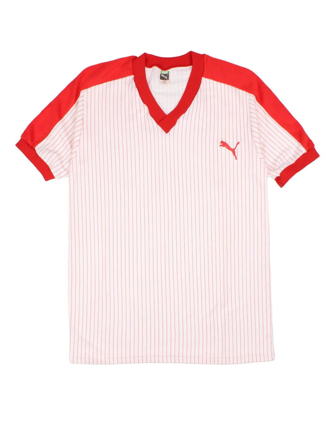 Vintage Puma Football Shirt in a white colourway with red detailing over shoulders, stripes all over and small logo on the front.
