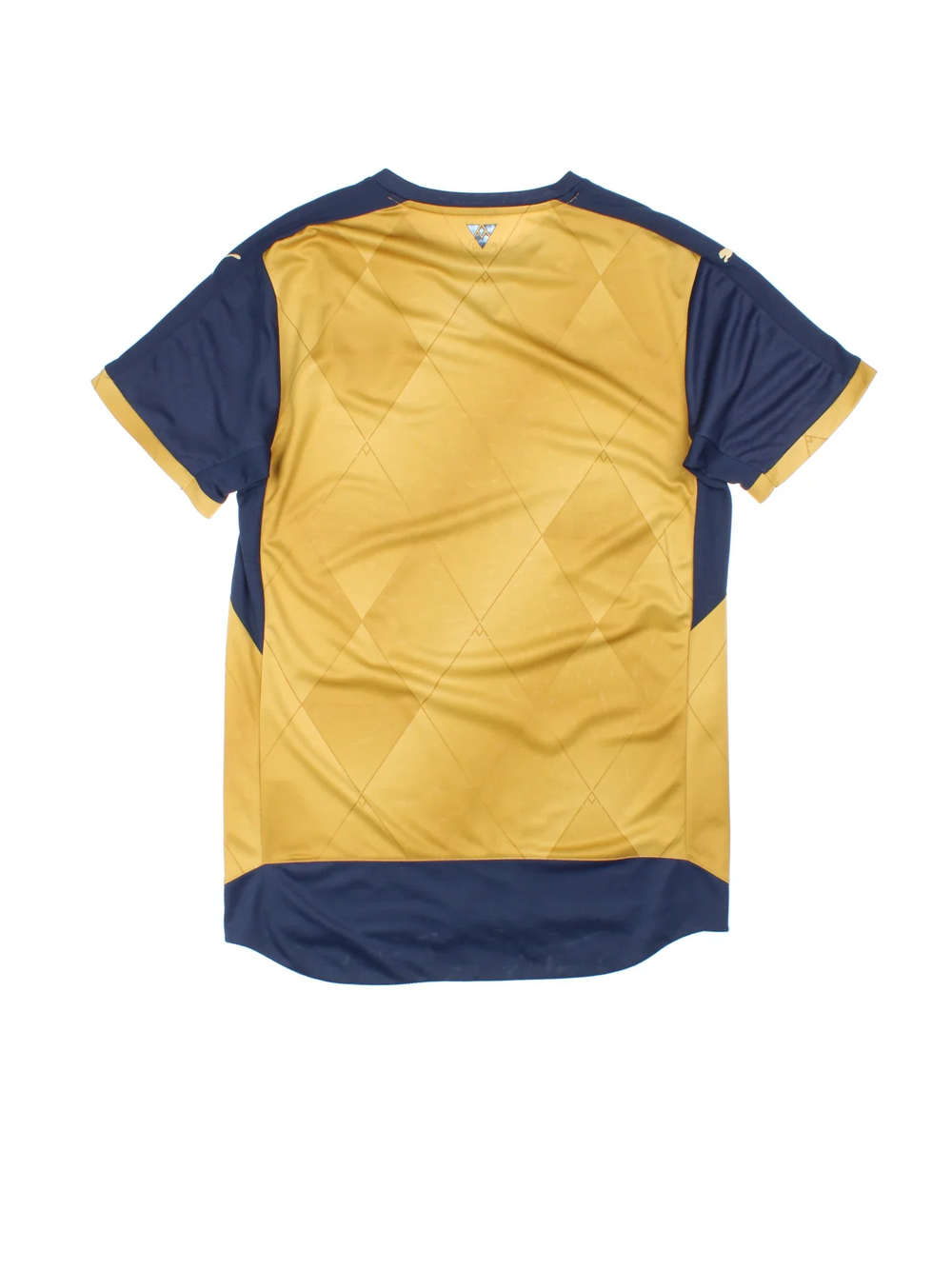 2015/16 Arsenal Puma Away Football Shirt in a golden brown and navy colourway with the logo and sponsor on the front.