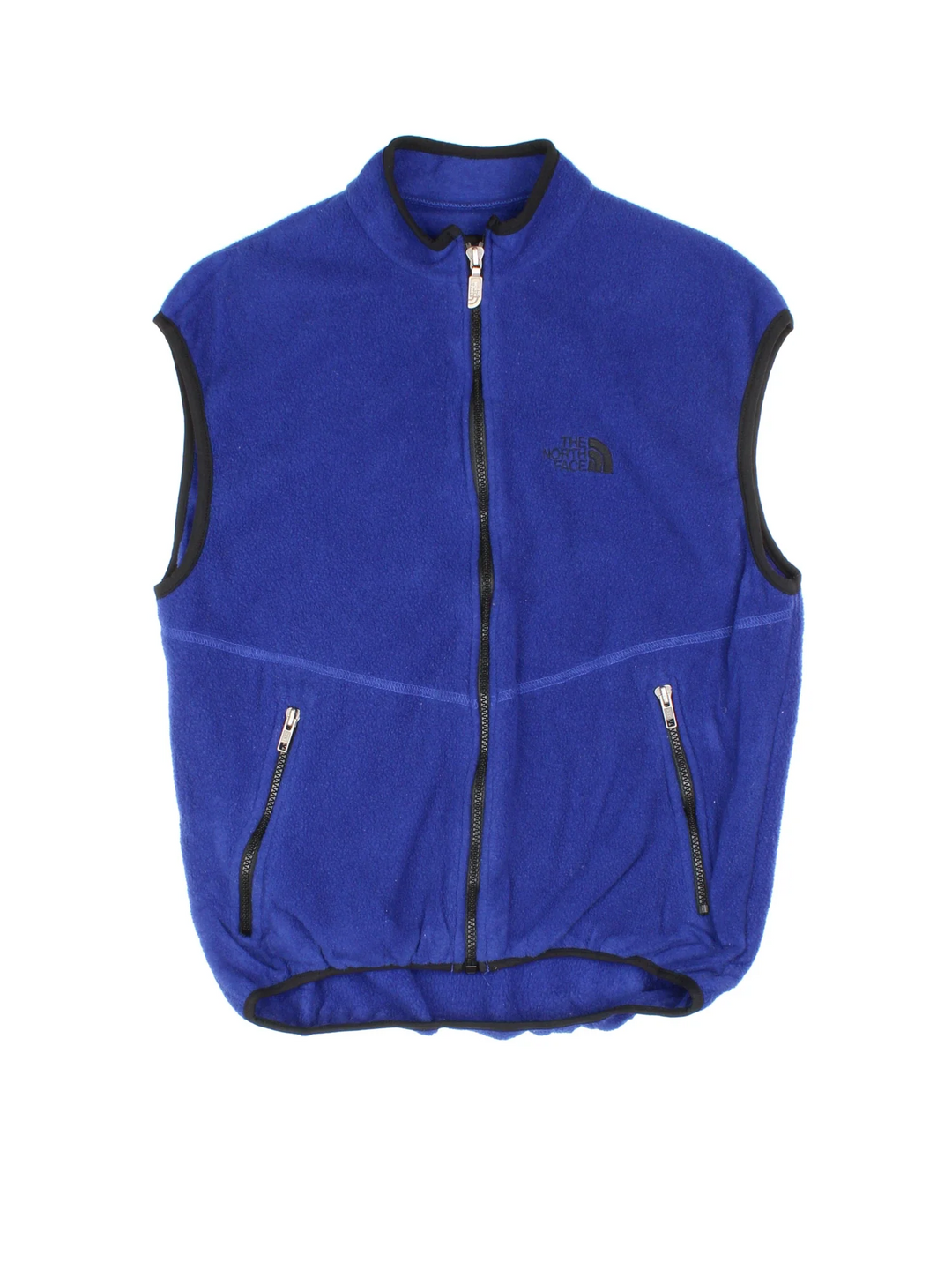 Vintage The North Face Fleece Vest in a blue colourway. Zips up, with side zip pockets, contrast piping and branding embroidered on front.