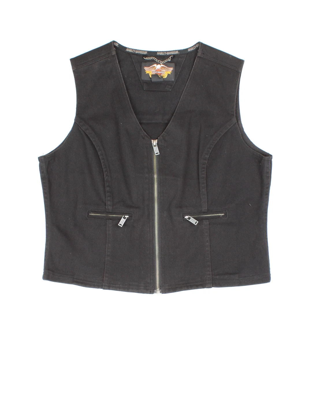 Harley-Davidson Motorcycles Vest in a black colourway. Zips up, with side zip pockets and branding and flames embroidered on the back.