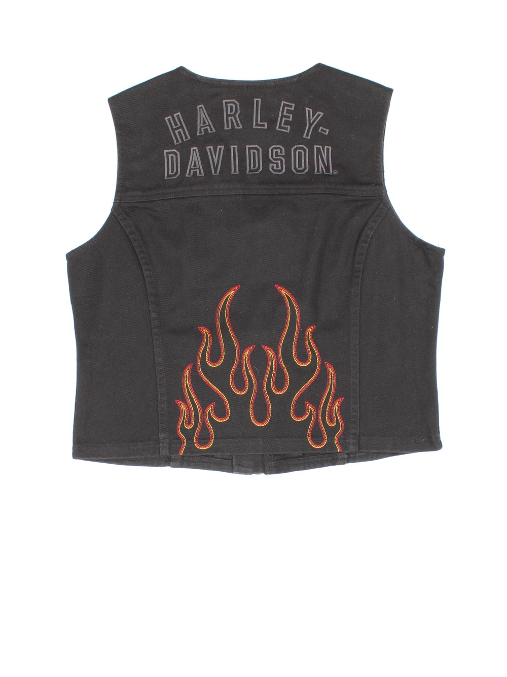 Harley-Davidson Motorcycles Vest in a black colourway. Zips up, with side zip pockets and branding and flames embroidered on the back.