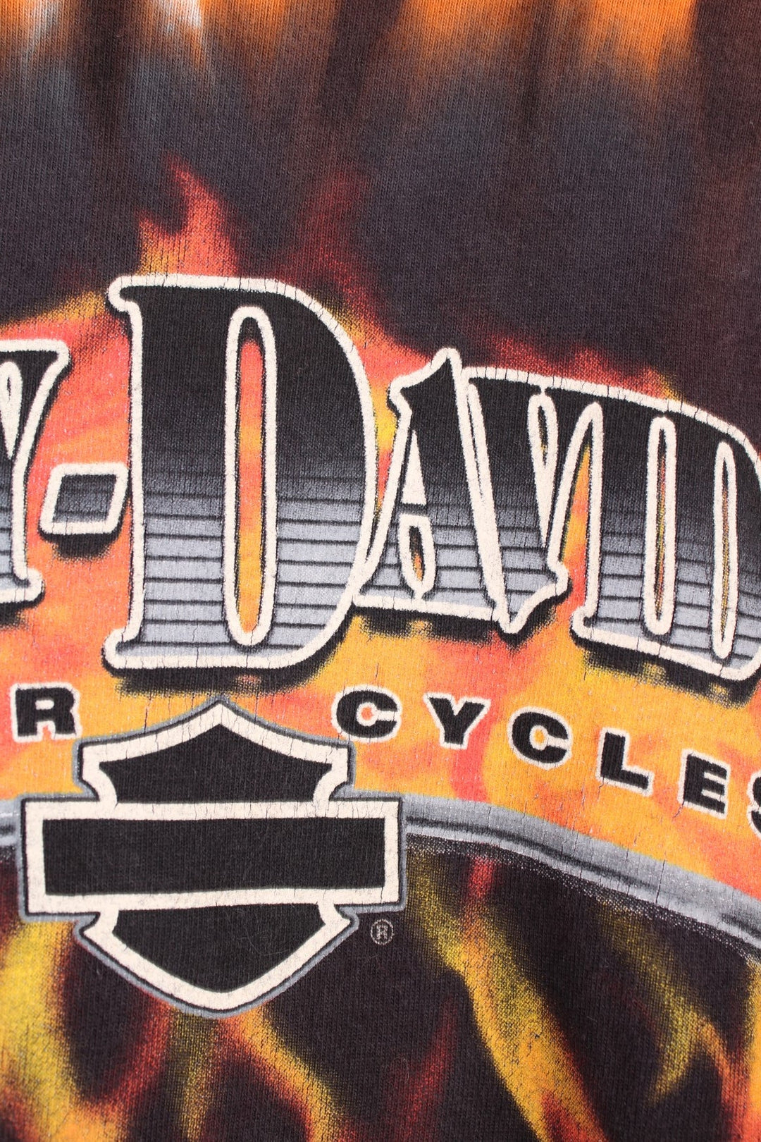 Harley Davidson long sleeved tie dye T-Shirt in black, orange and red. Features printed spell out logo across the chest.