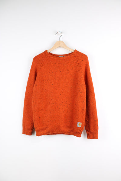 Carhartt orange knit crewneck jumper with small logo on the hem   good condition- some bobbling throughout  Size in Label:  Mens M - Measures more like a S