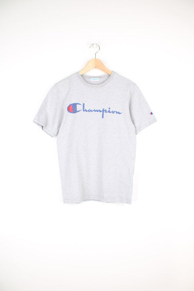 Champion light grey slim fit crewneck t-shirt with printed spell-out logo across the front