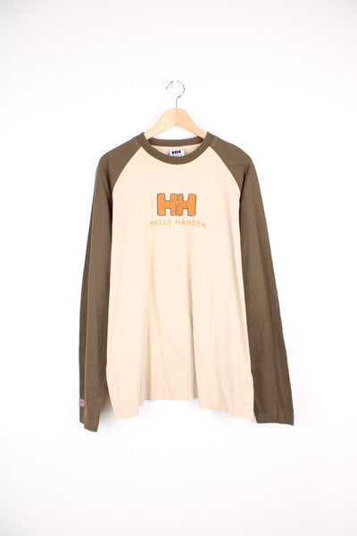 Helly Hansen long sleeve baseball style t-shirt in brown and tan, features spell-out embroidered details on the front