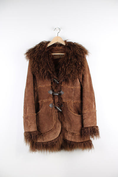 Y2K Mango real suede jacket with Mongolian fur trim and faux fur lining.