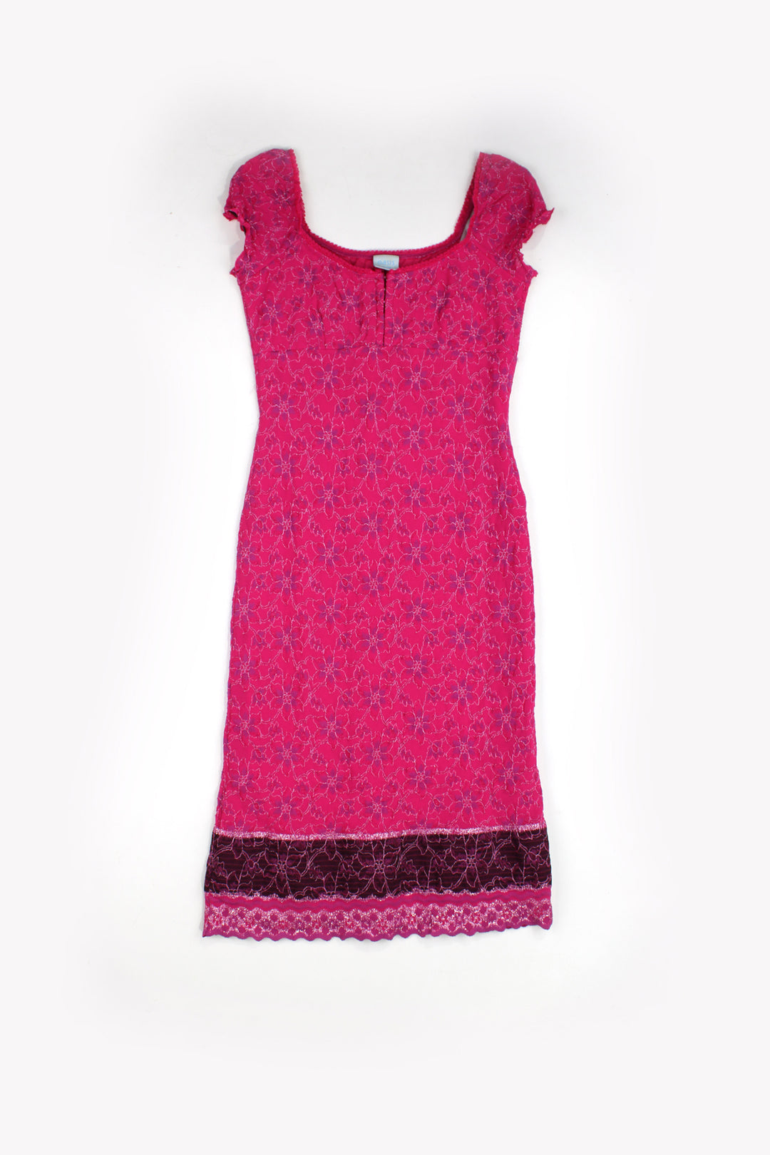 Y2K hot pink embroidered floral midi dress, with scalloped hem and babydoll neckline