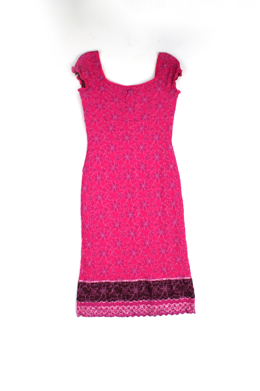 Y2K hot pink embroidered floral midi dress, with scalloped hem and babydoll neckline