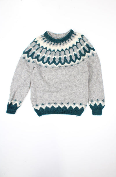 Vintage Nordic fair isle style grey, teal and cream high neck knitted jumper
