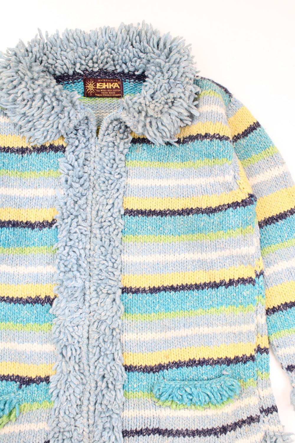 Vintage made in Equador blue and green striped patterned knit, zip through cardigan features fluffy trim