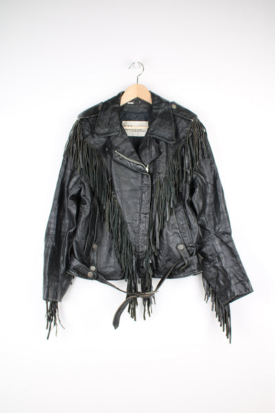 Vintage Wilson Motorcycle black distressed leather jacket crafted from high quality black leather, multiple pockets and adjustable belt on the waist