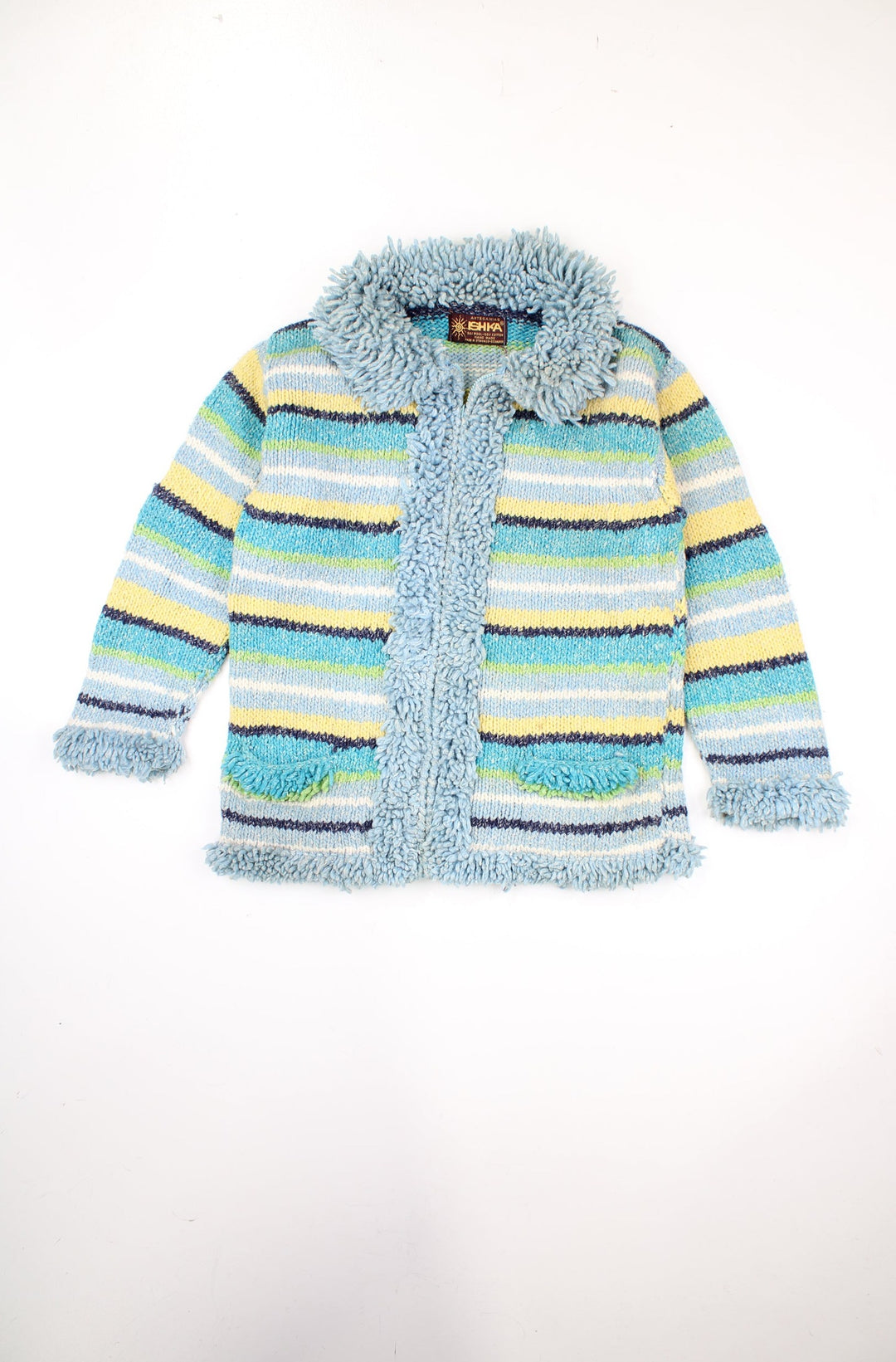 Vintage made in Equador blue and green striped patterned knit, zip through cardigan features fluffy trim