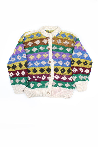 Vintage chunky knit cardigan in cream/ multicolored design. 100% wool, closes with wooden buttons.   good condition  Size in Label:  No Size - Would estimate a UK womens 12 (L)