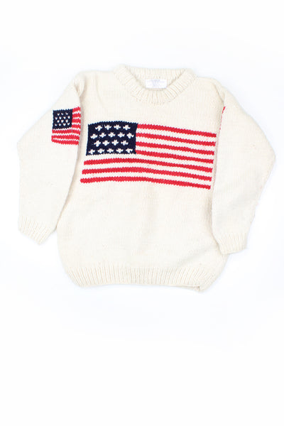 Vintage chunky knit cream jumper with American flag design on the chest and arms. Handmade and 100% wool.  good condition  Size in Label:  No Size - Measures like a size L
