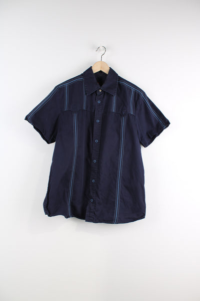 Diesel Short Sleeved Workwear Shirt in a blue colourway, striped cross stitching throughout, button up, and logo embroidered on the front.