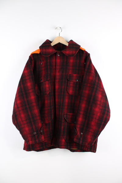 Vintage 90's Woolrich red & black plaid wool button up CPO jacket with multiple pockets and orange detachable hood.