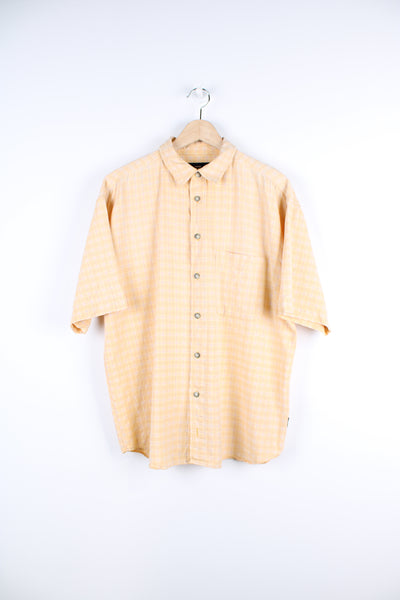 Vintage Billabong short sleeved shirt, yellow, orange and white colourway, button up with chest pocket. 