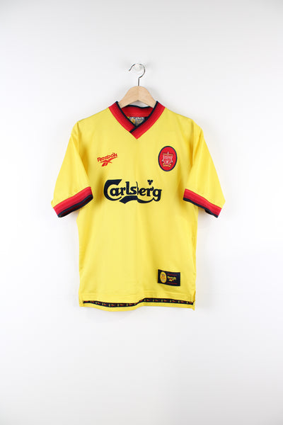 Vintage Liverpool 1997/99 Reebok away football shirt, yellow colourway with embroidered logos on the front