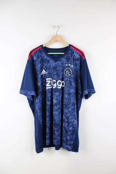 Ajax 2017/18 Adidas away football shirt, blue colourway with embroidered logos on the front. 