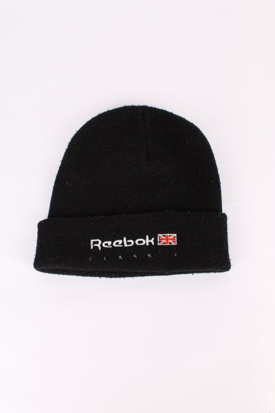 Vintage Reebok Classics knitted beanie, black colourway, cuffed with embroidered logo on the front.