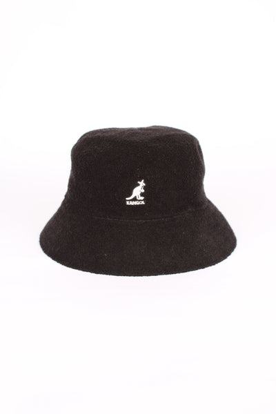 Vintage Kangol Boucle bucket hat in black, has the Kangol logo embroidered in white. 
