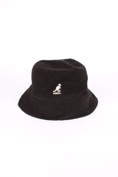 Vintage Kangol Boucle bucket hat in black, has the Kangol logo embroidered in white. 