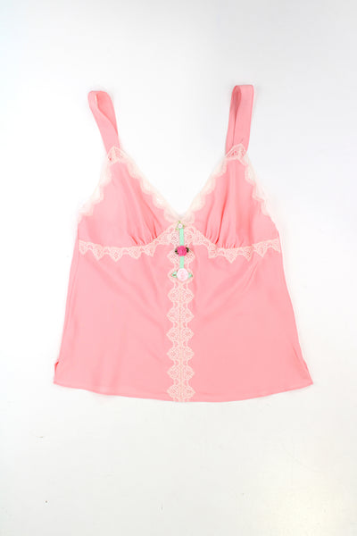 Vintage Y2K baby pink lacey cami top with rose bud embellishments and adjustable straps 