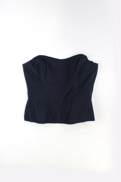 Navy blue Y2K Coast corset top, made from 100% cotton, features beautiful pleated detailing throughout closes with zip on the side.