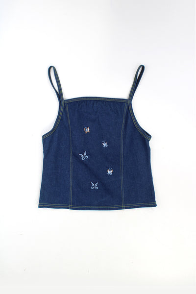 Y2K denim cami crop top, with spaghetti straps and embroidered butterflies on the front, made from stretch denim 