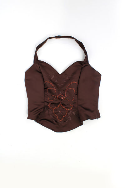 Y2K brown satin halter neck corset top, features embroidered motif and beading detailing on the front closes with zip on the side.