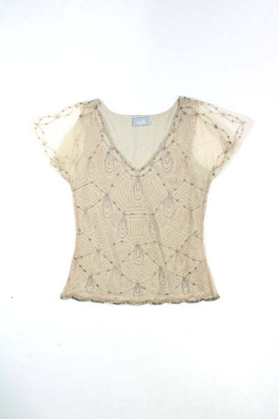 Vintage Y2K Wallis mesh cami top with floaty sleeves sequin/beaded embellishments all over 