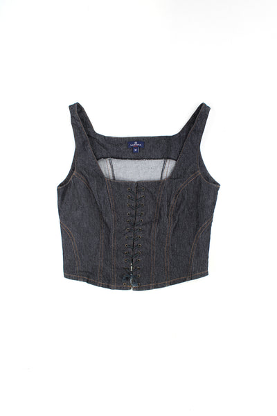 Naf Naf dark wash denim corset top, with lace up fastening at the front and 1/4 zip on the side. Made with stretch denim 