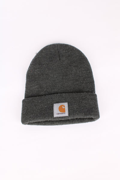 Carhartt grey beanie, cuffed with embroidered logo on the front. 