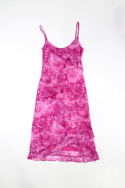 Y2K Pineapple midi dress with pink rose print features frill details on the chest and hem, made from a stretchy nylon fabric.