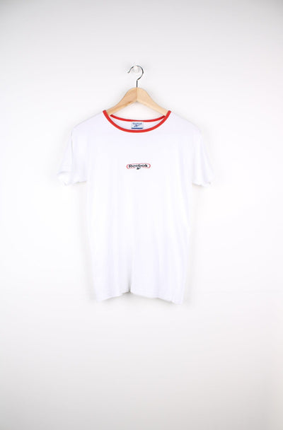 Y2K white Reebok fitted t-shirt with embroidered logo on the chest and red piping around the neck. good condition Size in Label: Womens M