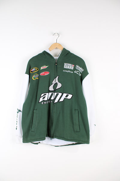 Vintage green and black Amp-Energy cotton Nascar zip through hoodie by Chase Authentics, features embroidered sponsors all over