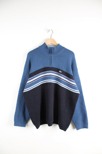 Lacoste blue 1/4 zip knit jumper with embroidered logo on the chest  good condition  Size in Label:  No Size - Measures like a mens XL