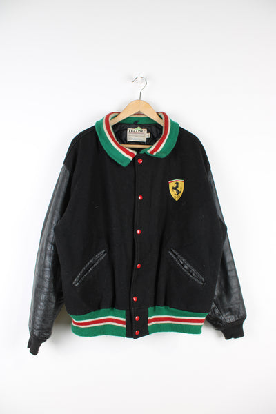 Vintage Ferrari themed black wool varsity jacket by Delong features embroidered badges on the chest and spell-out details across the back