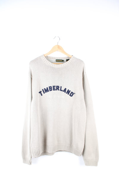 Vintage Timberland tan knitted jumper with embroidered logo on the chest in navy blue. 100% cotton. good condition  Size in Label:  L