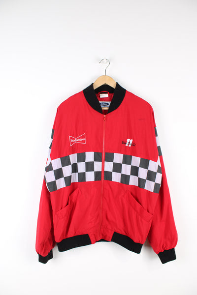 Vintage Budweiser x Bill Elliott red zip through, shell style racing jacket. Features embroidered badges/logos on the chest and checker board wrap around design 